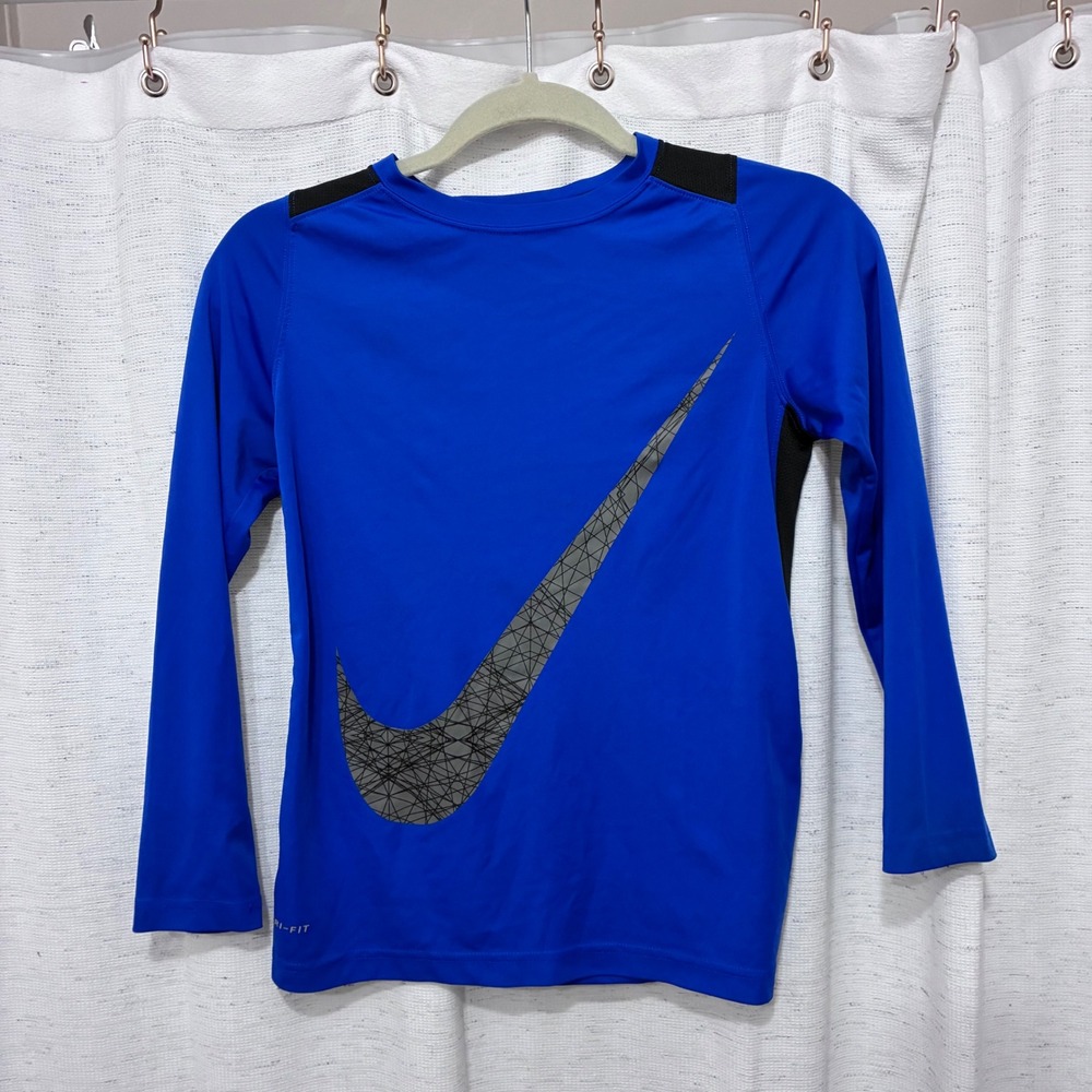 Nike Kids Dri-FIT Long Sleeve Athletic Shirt Blue Black Swoosh Size Medium M